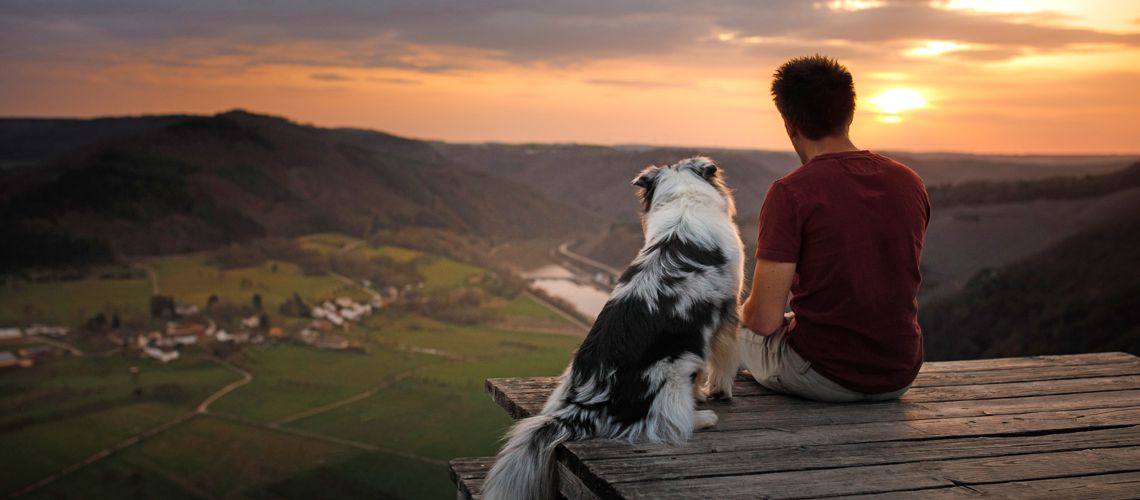 Man sitting with his dog on a mountain.