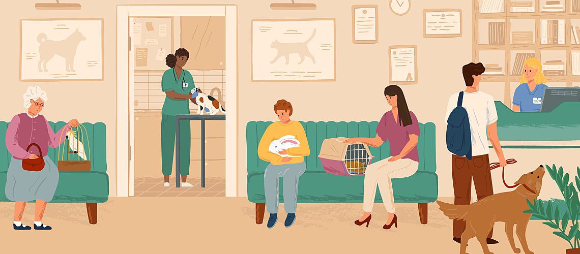 Illustration of a busy veterinary clinic