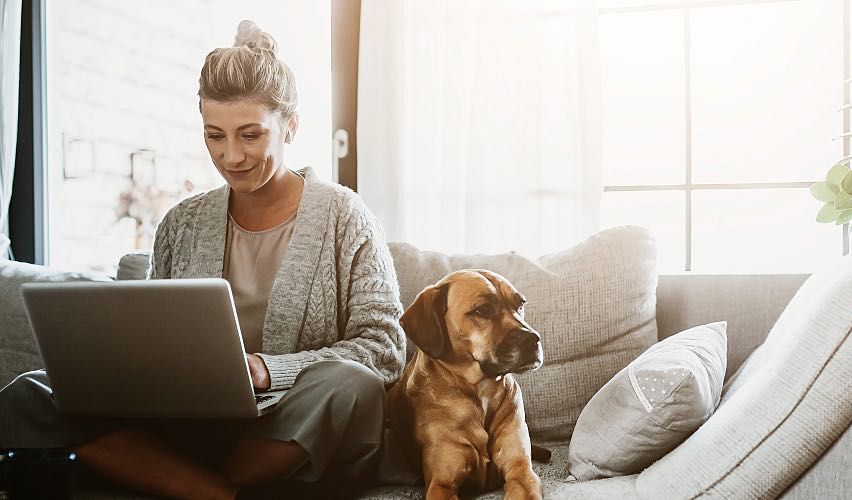 Woman working on laptop sitting next to dog.