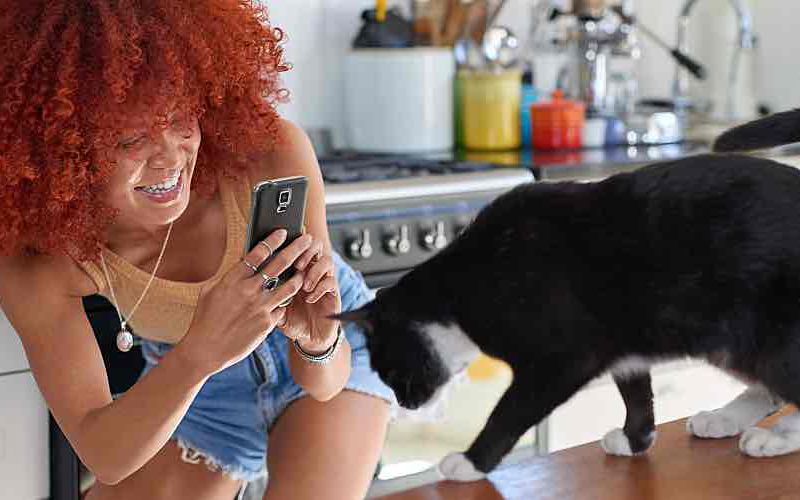 Young Generation Z woman taking a photo of her cat.