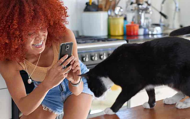 Young Generation Z woman taking a photo of her cat.