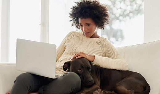 Woman uses computer while snuggling her dog on couch.