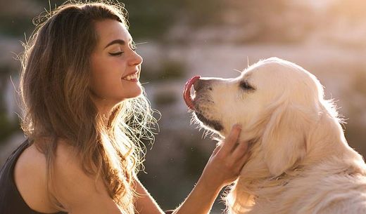 A young woman greets her dog outside.