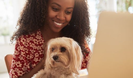 Woman working on a laptop with dog sitting on her lap.