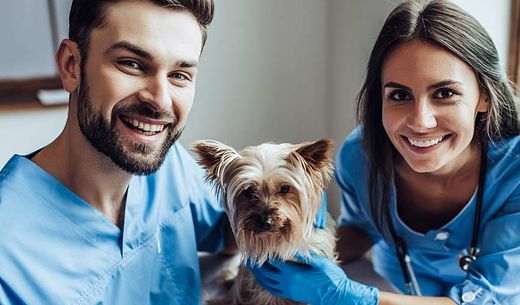 A young male and female veterinarian smile with a small dog.