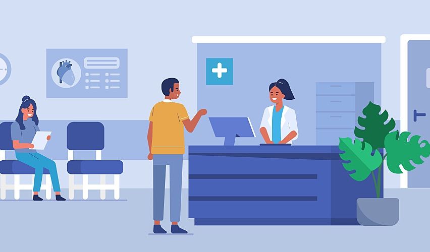 Illustration of a man talking with a receptionist.