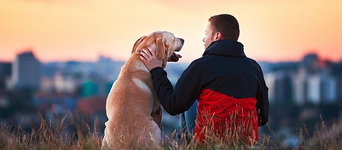 Man sitting on mountain with dog.