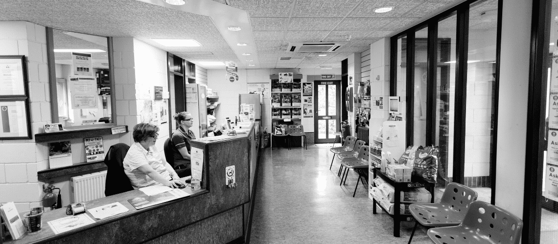 Black and white photo of a veterinary practice
