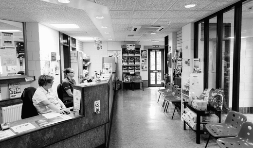 Black and white photo of a veterinary practice