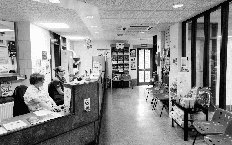 Black and white photo of a veterinary practice