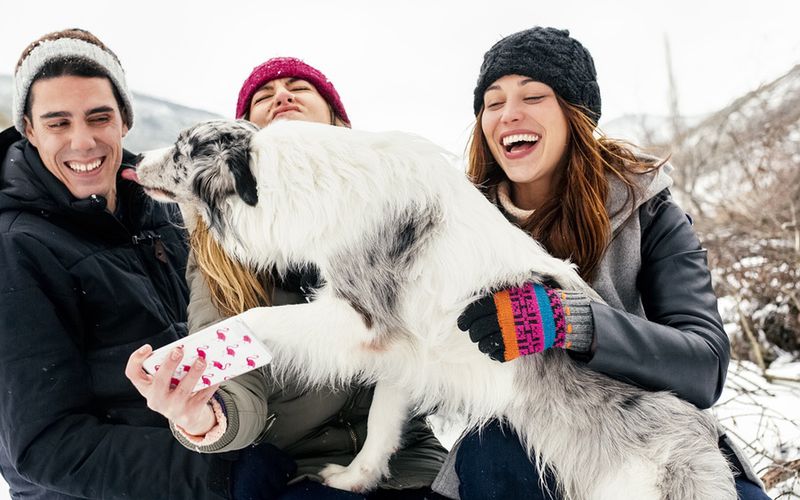 Group of young adults playing with a dog in the snow while taking a selfie.