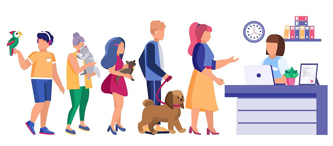 Illustration of a line of customers at a veterinary clinic.