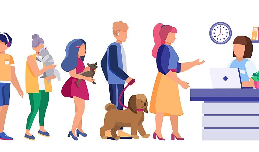 Illustration of a line of customers at a veterinary clinic.