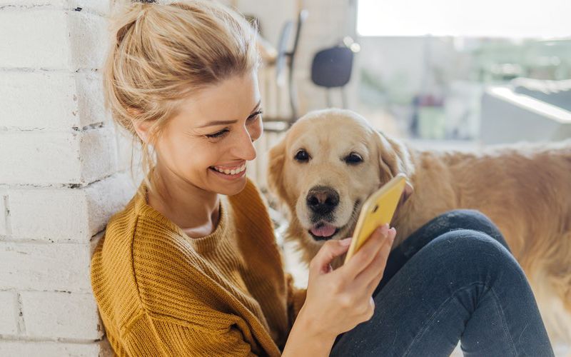 Millennial woman checking her phone with her dog next to her.
