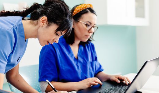 Veterinary professionals working at a laptop.