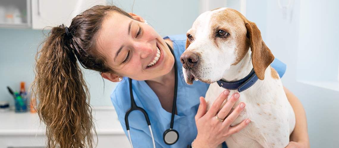 A happy, young female vet tech holds a dog.