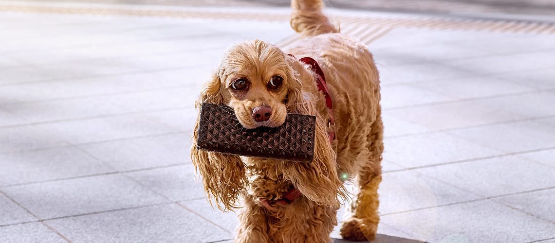 Dog holding wallet in her mouth.