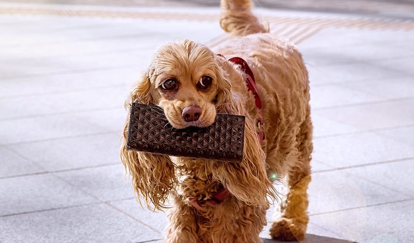 Dog holding wallet in her mouth.